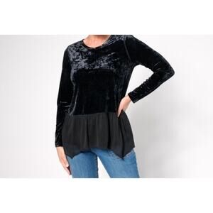 LOGO Lori Goldstein Crushed Velvet Top Chiffon Hem Size S Black A667743 NWOT